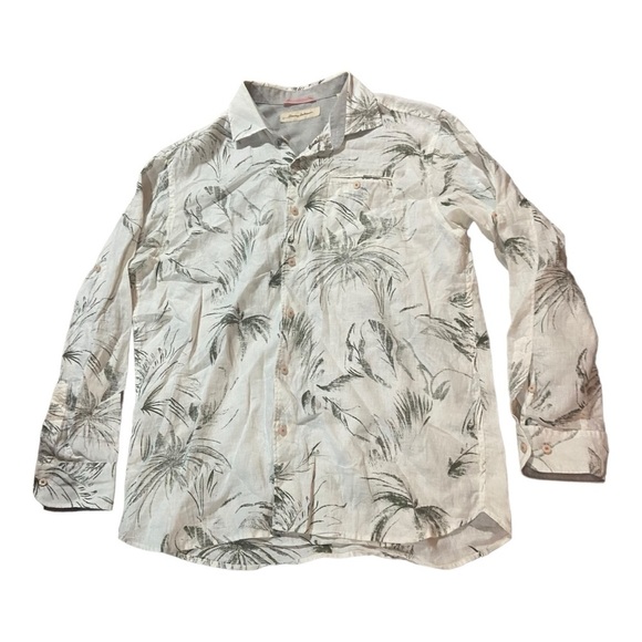 Tommy Bahama 100% Linen Palm Tree Palm Leave Button Front Shirt Sz L - Picture 1 of 6